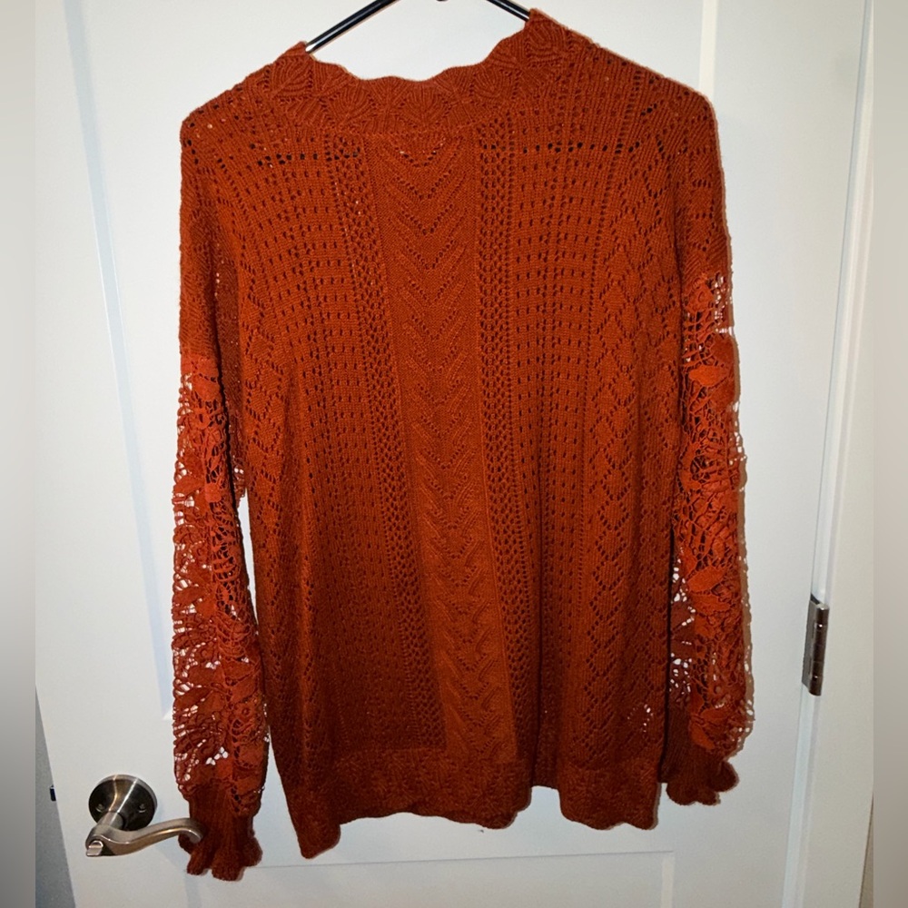 Women's Rust Orange Crochet-Sleeve Turtleneck Sweater